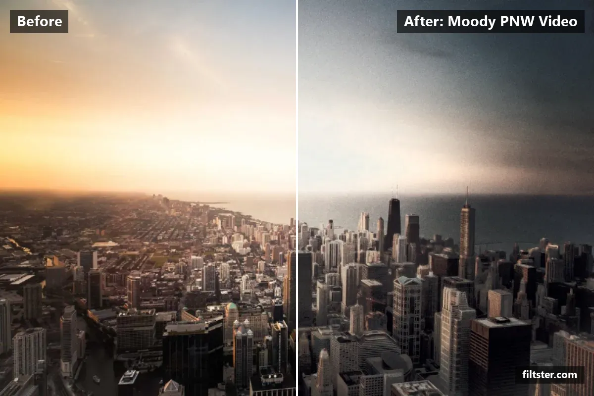 Moody PNW Video filter before and after. Darkens the exposure for a moodier feel, adds strong contrast, opens up the shadows, recovers bright highlights, mutes the colours and adds film grain.