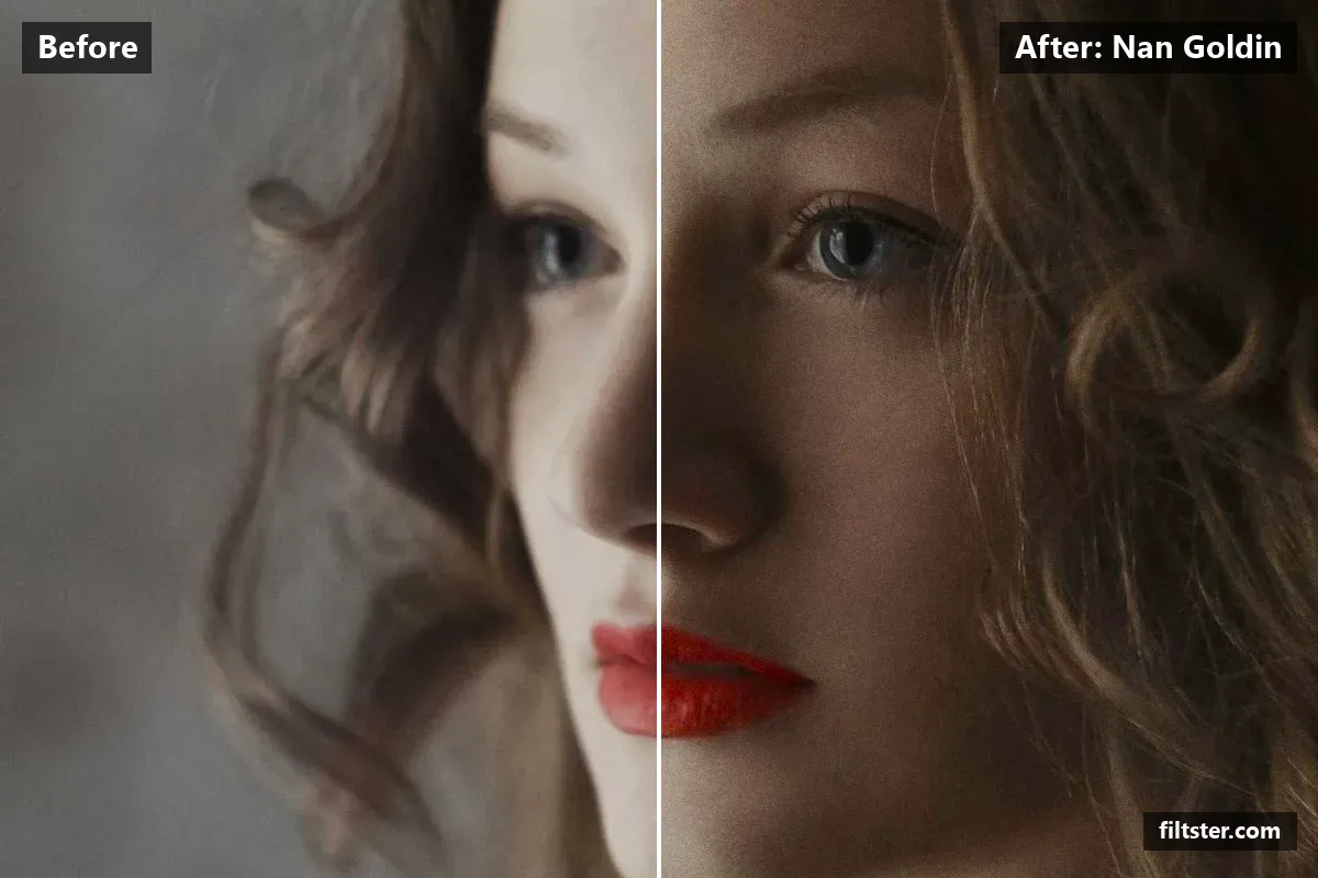 Nan Goldin filter before and after. Recovers bright highlights, adds a orange glow to the highlights and adds film grain.