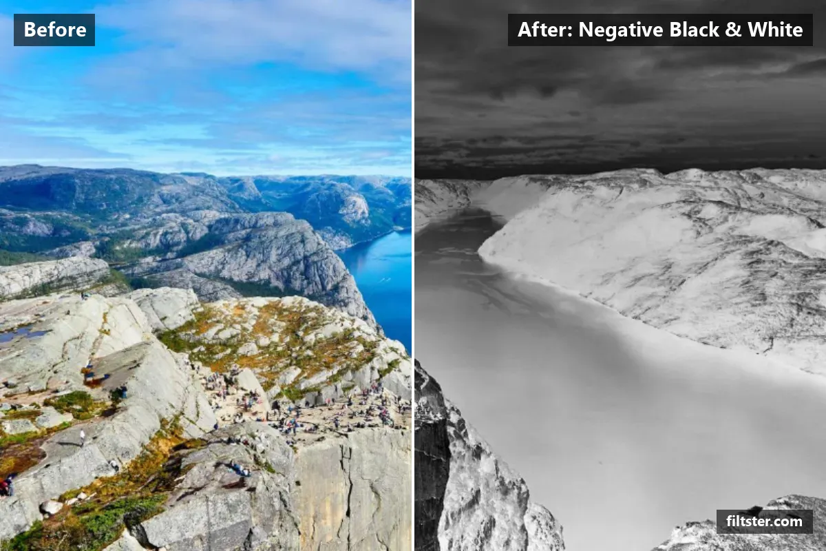 Negative Black & White filter before and after. Inverts the colours into a negative and turns the picture black and white.