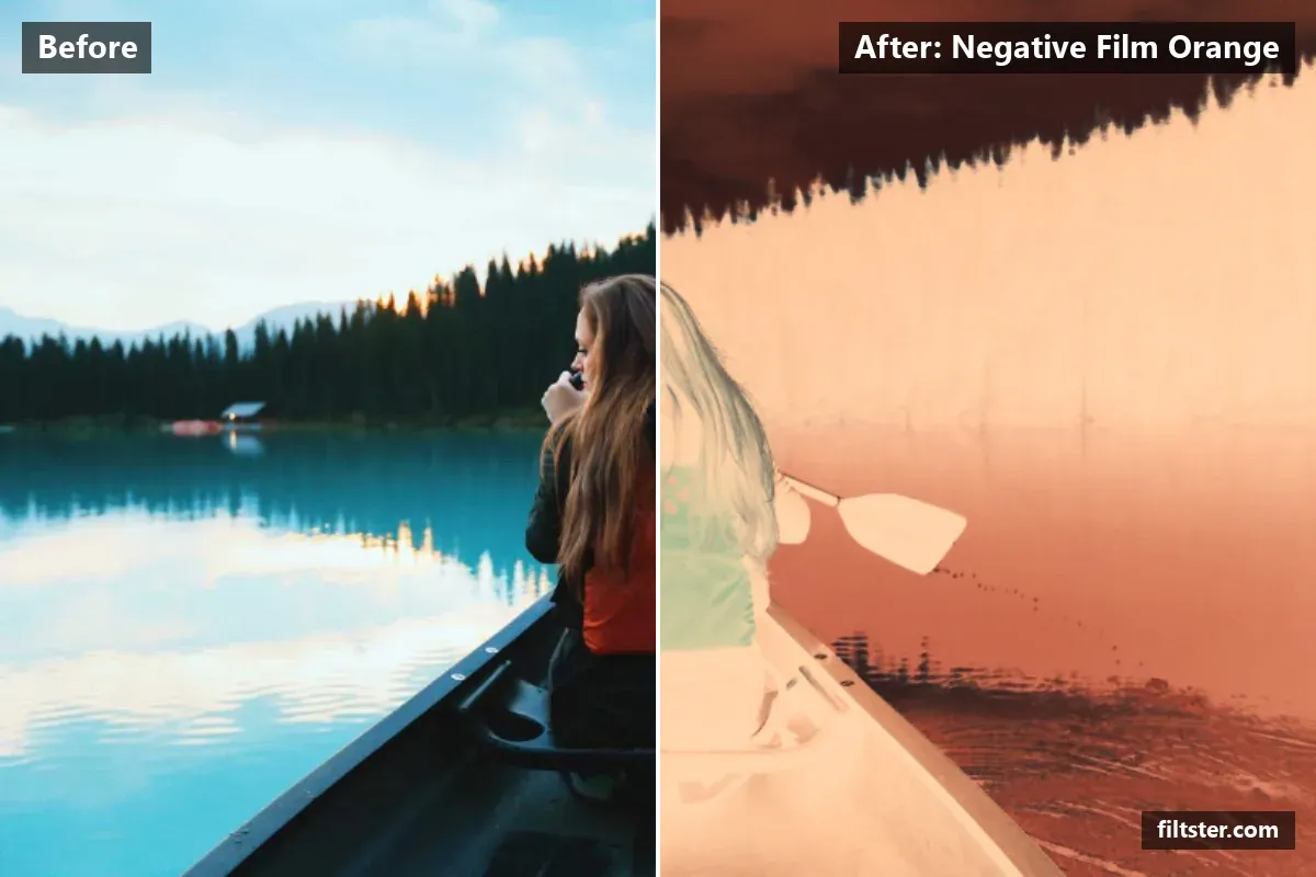 Negative Film Orange filter before and after. Inverts the colours into a negative, softens contrast, lifts the blacks for a faded, matte finish and warms up the colours.