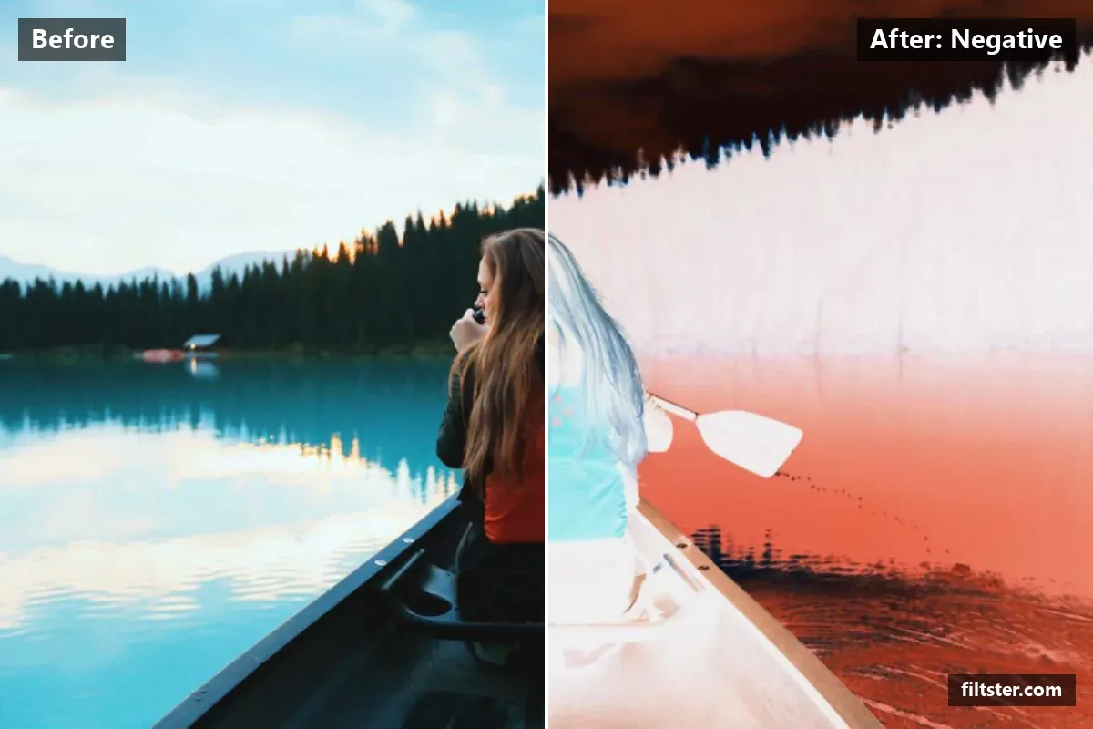 Negative filter before and after. Inverts the colours into a negative and lifts the blacks for a faded, matte finish.