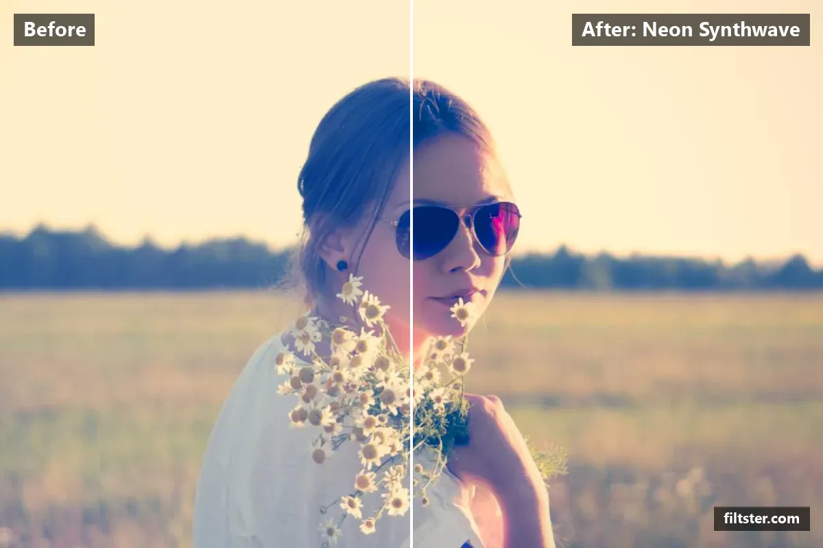 Neon Synthwave filter before and after. Adds strong contrast, opens up the shadows, recovers bright highlights, tints shadows blue and highlights magenta and darkens the corners with a vignette.