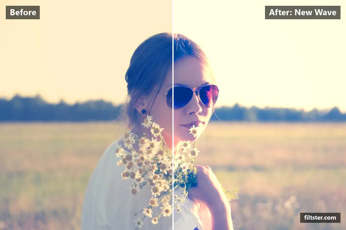 New Wave filter before and after. Adds strong contrast, recovers bright highlights and tints shadows blue and highlights magenta.
