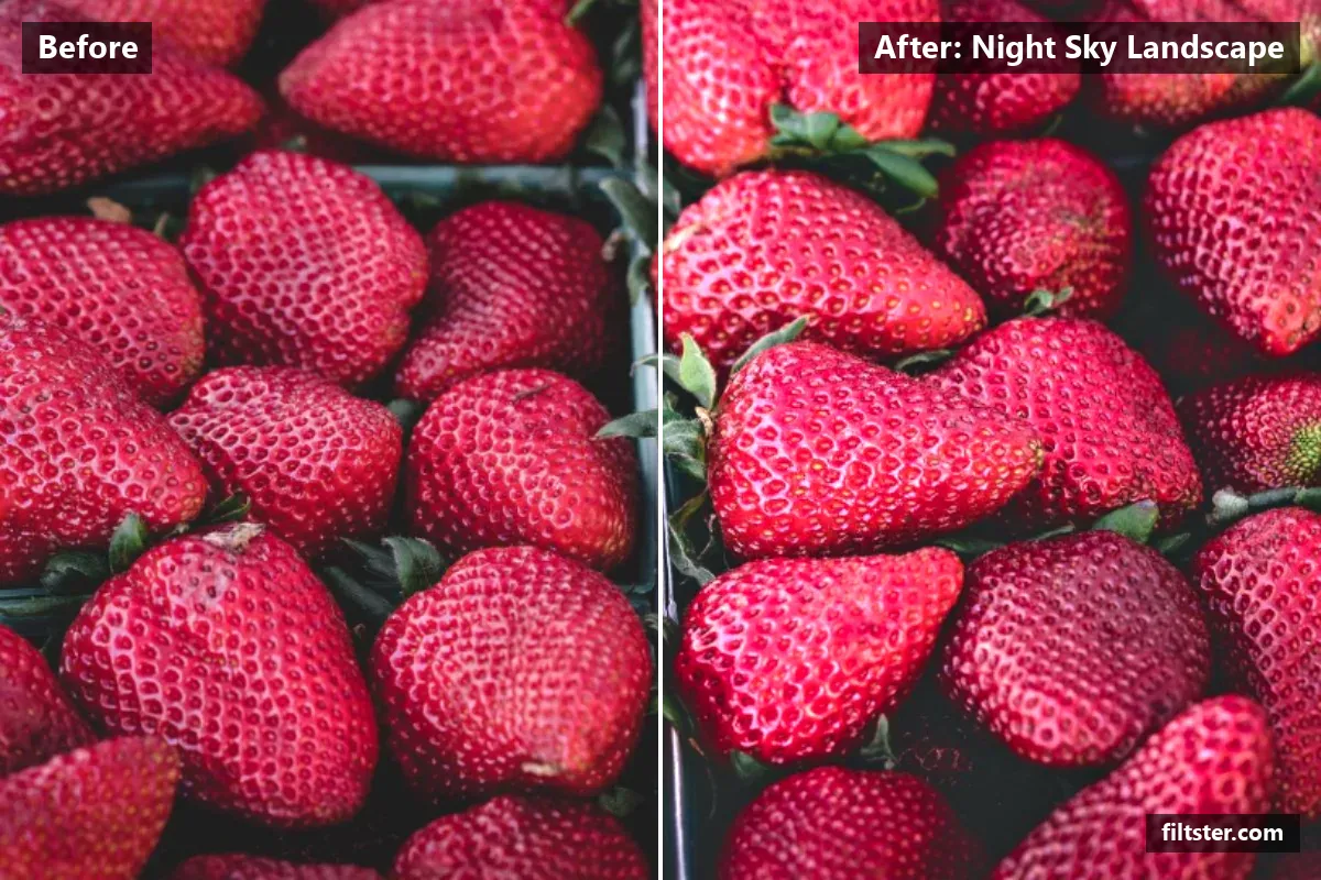 Night Sky Landscape filter before and after. Brightens the whole frame, adds strong contrast, opens up the shadows and recovers bright highlights.