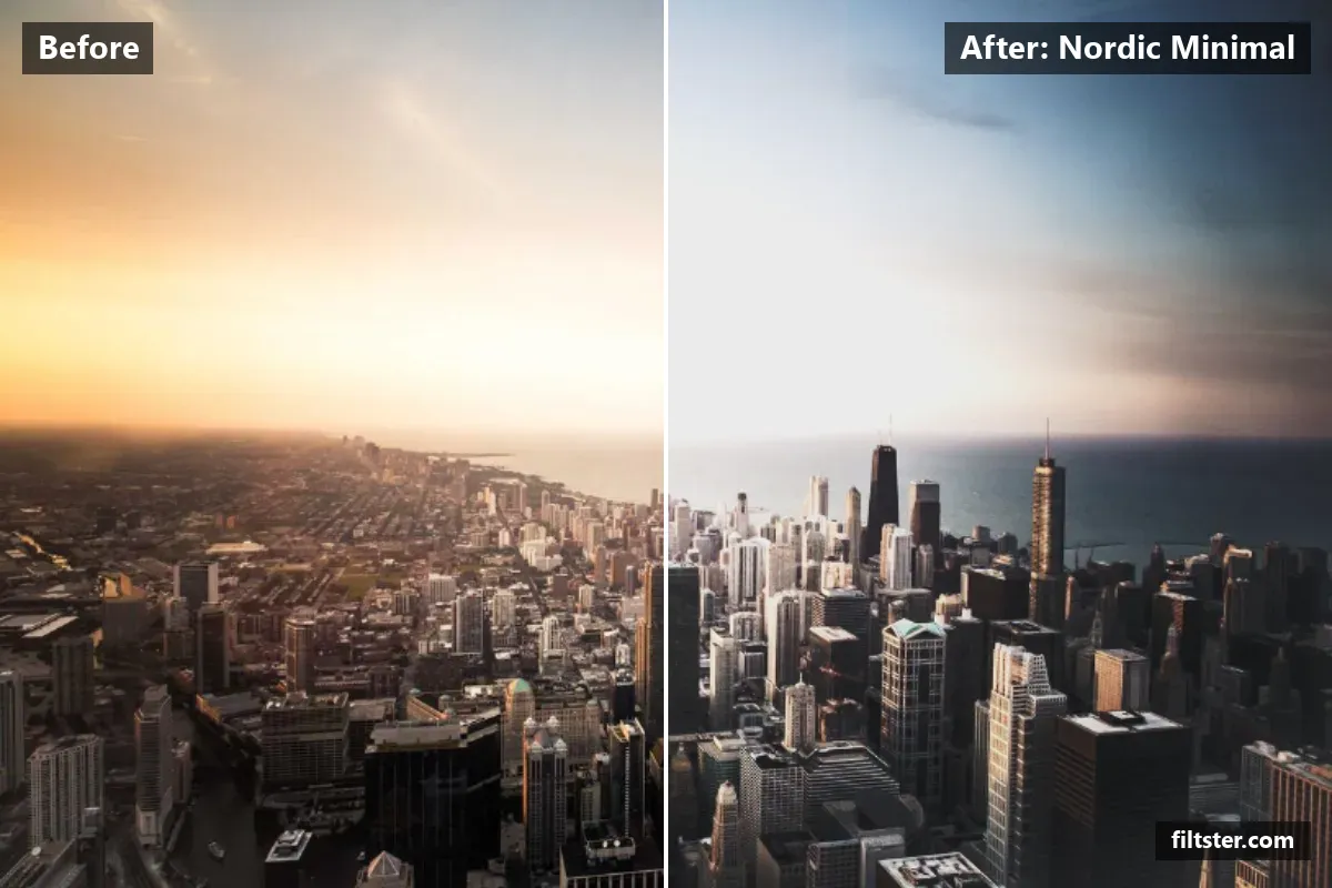 Nordic Minimal filter before and after. Brightens the whole frame, softens contrast, opens up the shadows, lifts the blacks for a faded, matte finish and cools the colours down.