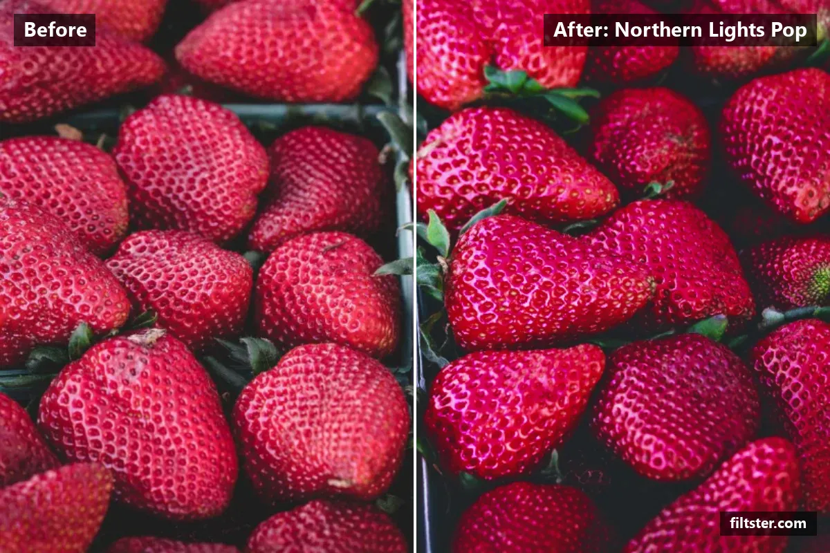 Northern Lights Pop filter before and after. Opens up the shadows, recovers bright highlights, lifts the blacks for a faded, matte finish and cools the colours down.
