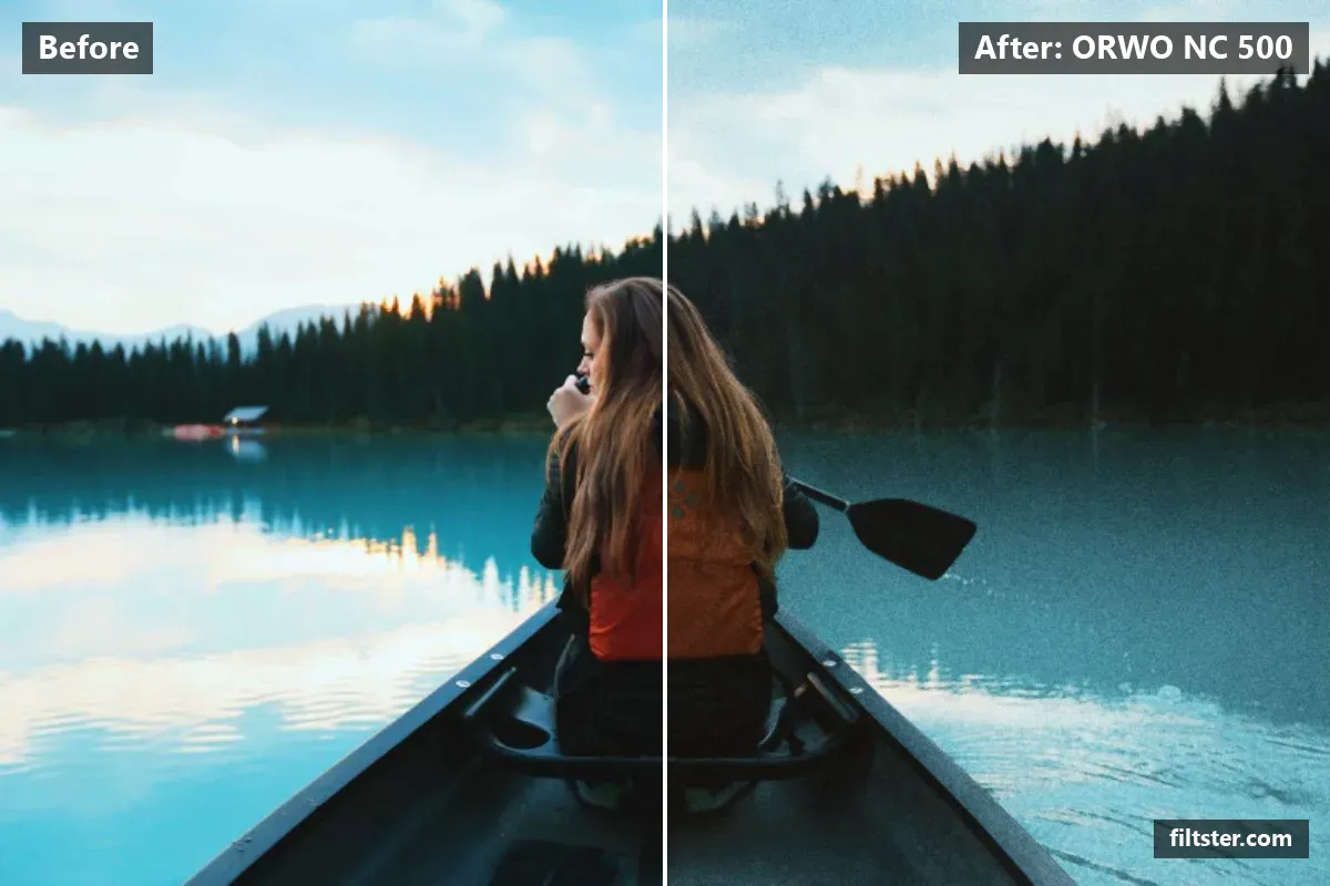 ORWO NC 500 filter before and after. Adds a orange glow to the highlights and adds film grain.
