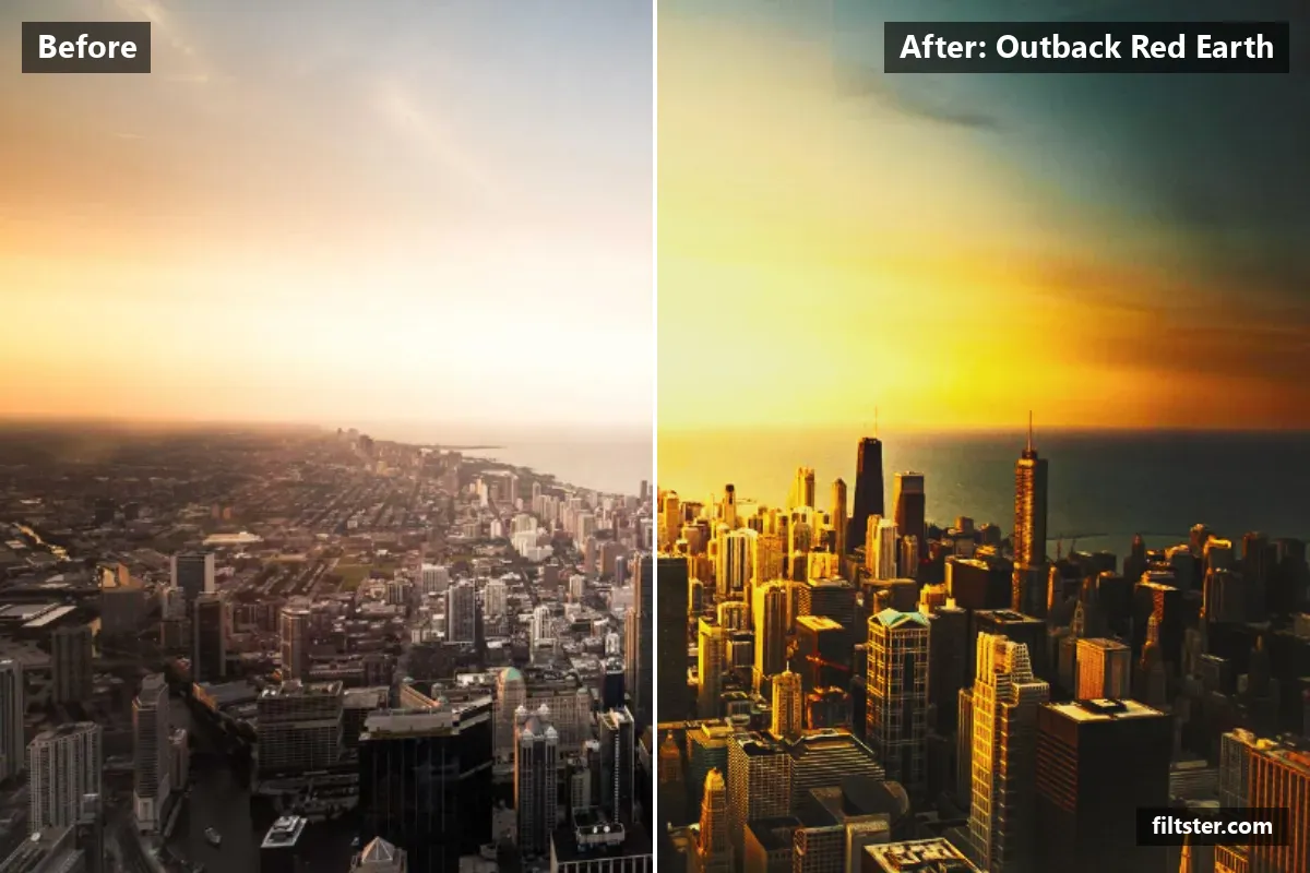 Outback Red Earth filter before and after. Adds strong contrast, recovers bright highlights, lifts the blacks for a faded, matte finish, warms up the colours, tints shadows orange and highlights golden, sharpens mid-tone detail and cuts through haze.