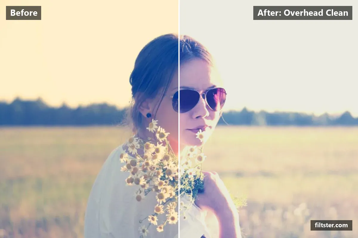 Overhead Clean filter before and after. Brightens the whole frame, softens contrast, opens up the shadows and lifts the blacks for a faded, matte finish.
