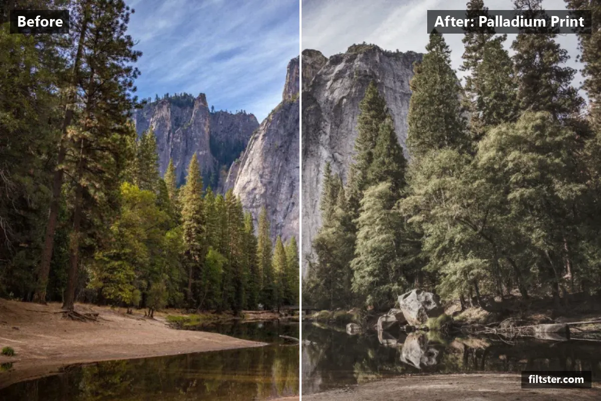 Palladium Print filter before and after. Lifts the blacks for a faded, matte finish, mutes the colours, adds a orange cast to the shadows and adds film grain.