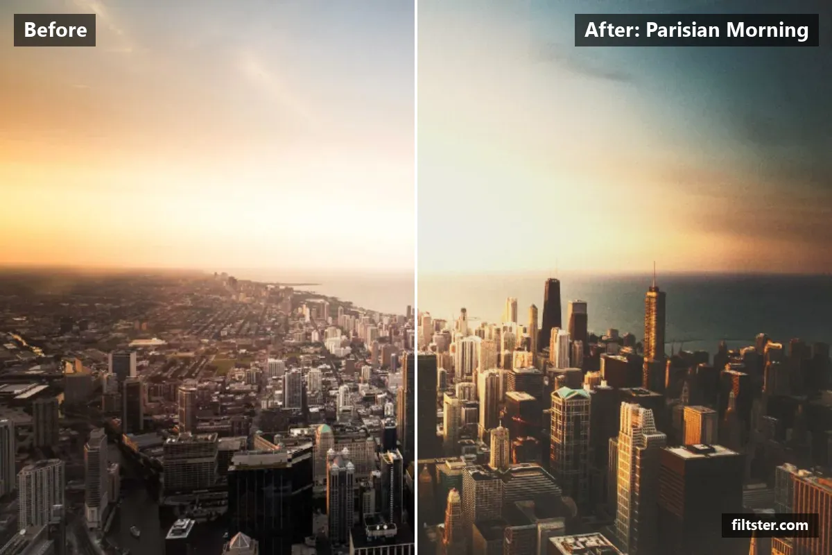 Parisian Morning filter before and after. Brightens the whole frame, opens up the shadows, recovers bright highlights, lifts the blacks for a faded, matte finish, warms up the colours and adds film grain.