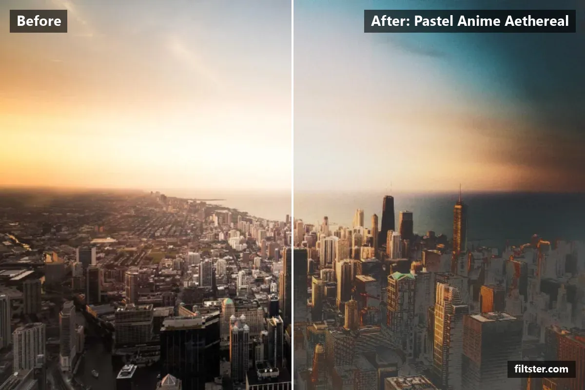 Pastel Anime Aethereal filter before and after. Brightens the whole frame, softens contrast, opens up the shadows, recovers bright highlights, lifts the blacks for a faded, matte finish, tints shadows blue and highlights magenta, gives a soft, dreamy glow and adds film grain.