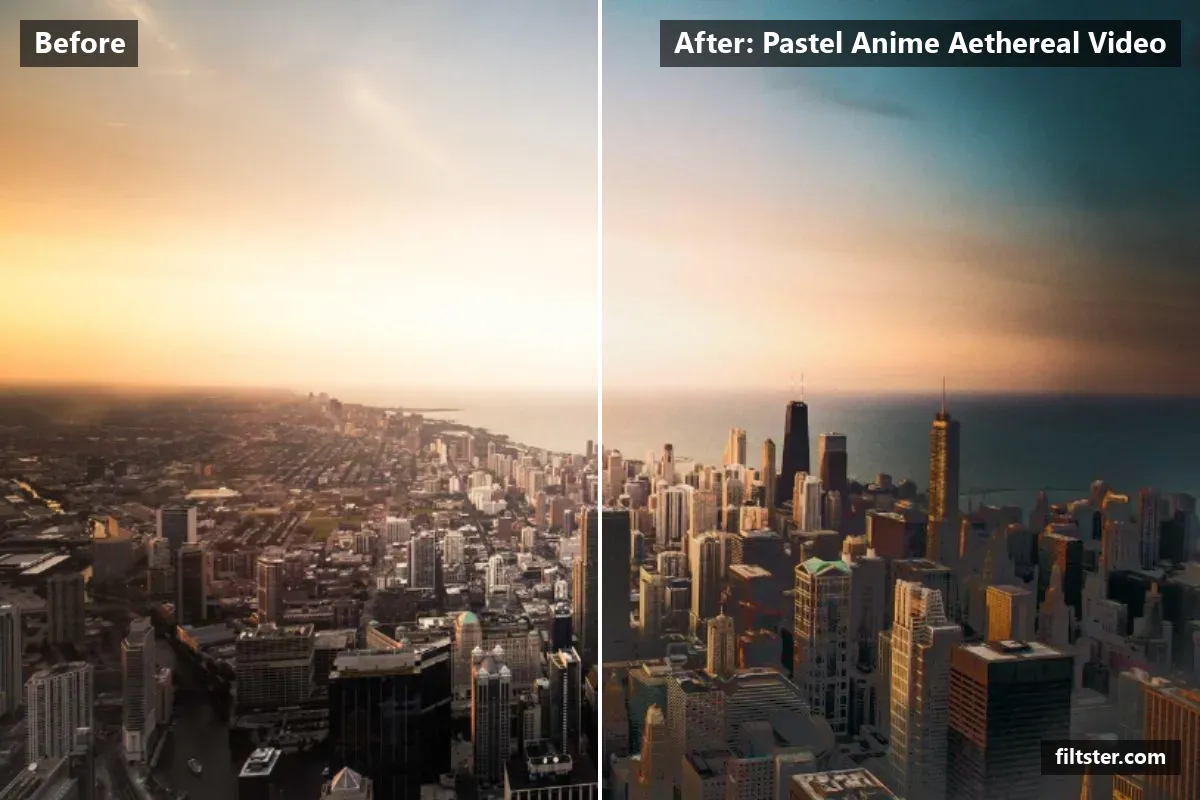 Pastel Anime Aethereal Video filter before and after. Brightens the whole frame, softens contrast, opens up the shadows, recovers bright highlights and tints shadows blue and highlights magenta.