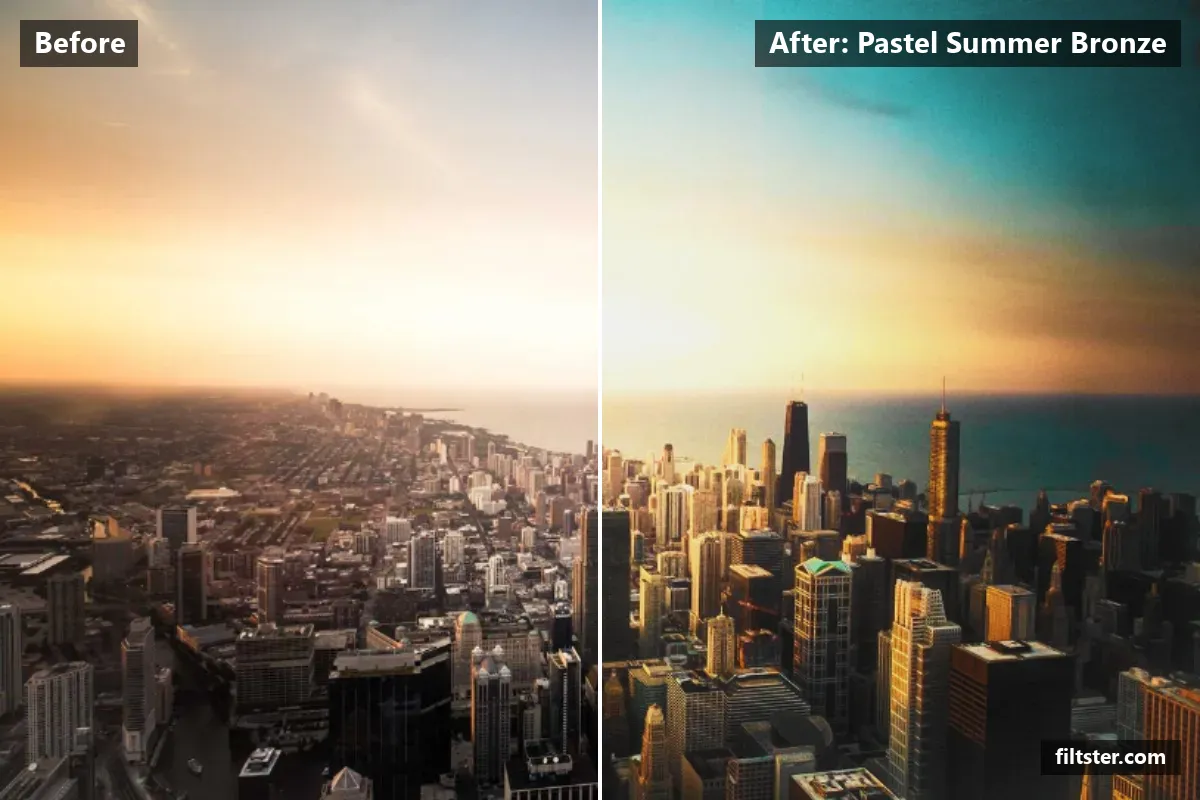 Pastel Summer Bronze filter before and after. Recovers bright highlights, lifts the blacks for a faded, matte finish, adds a golden glow to the highlights and adds film grain.