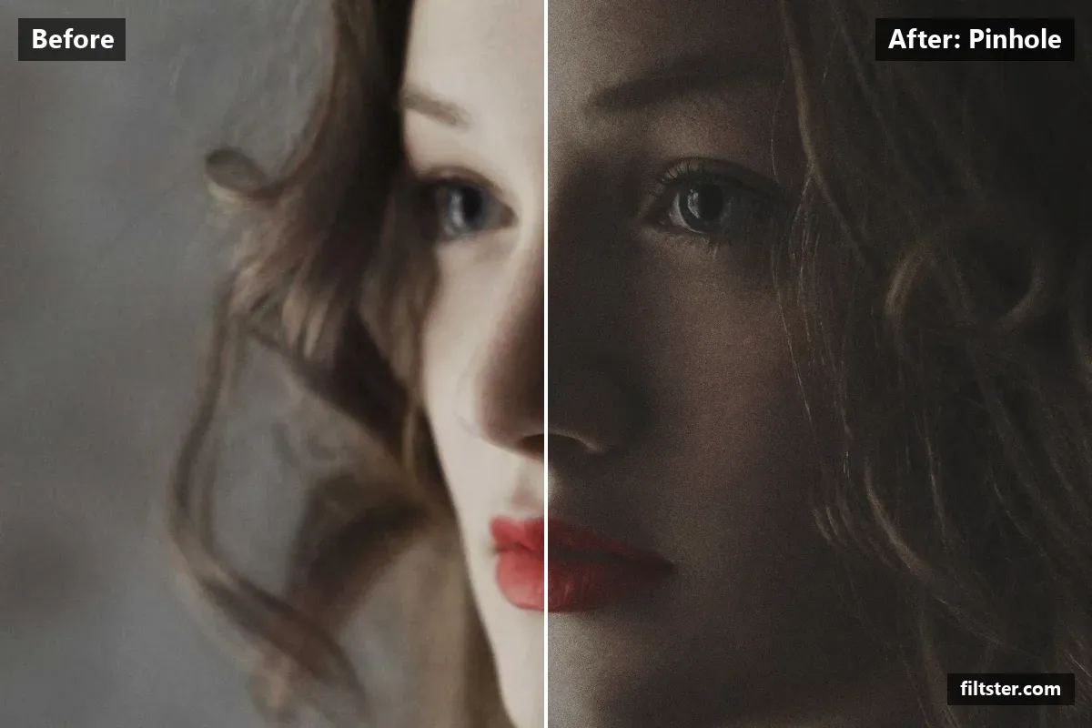 Pinhole filter before and after. Opens up the shadows, recovers bright highlights, lifts the blacks for a faded, matte finish, mutes the colours, adds film grain and darkens the corners with a vignette.