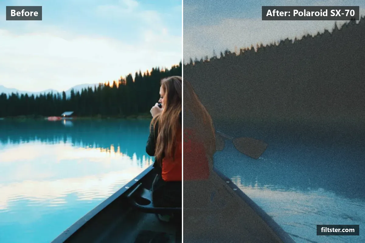Polaroid SX-70 filter before and after. Softens contrast, opens up the shadows, recovers bright highlights, lifts the blacks for a faded, matte finish, adds a golden cast to the shadows, gives a soft, dreamy glow, adds film grain and darkens the corners with a vignette.