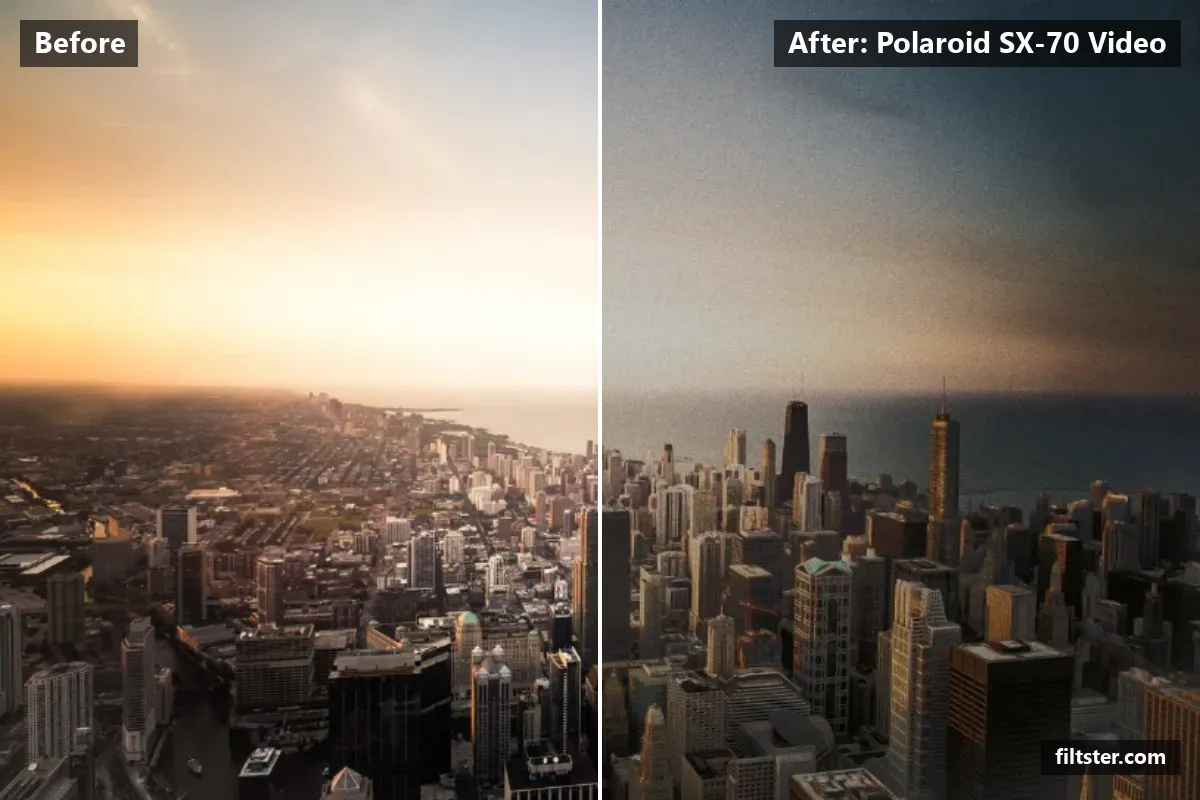 Polaroid SX-70 Video filter before and after. Softens contrast, opens up the shadows, recovers bright highlights, adds a golden cast to the shadows, adds film grain and darkens the corners with a vignette.