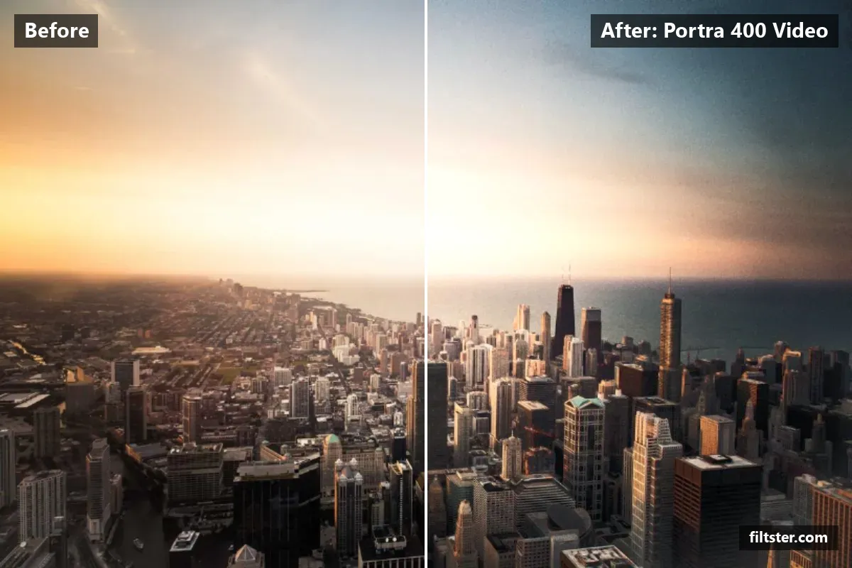 Portra 400 Video filter before and after. Brightens the whole frame, opens up the shadows, recovers bright highlights, adds a golden glow to the highlights and adds film grain.