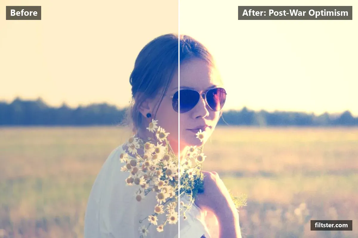 Post-War Optimism filter before and after. Brightens the whole frame, recovers bright highlights and adds film grain.