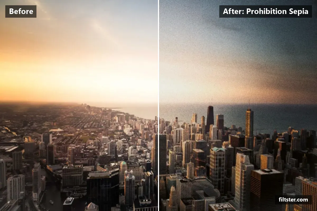 Prohibition Sepia filter before and after. Recovers bright highlights, adds a orange cast to the shadows, adds film grain and darkens the corners with a vignette.