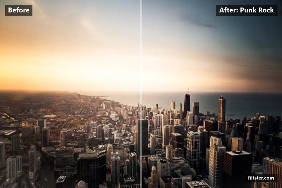 Punk Rock filter before and after. Adds strong contrast, recovers bright highlights, sharpens mid-tone detail, cuts through haze and darkens the corners with a vignette.