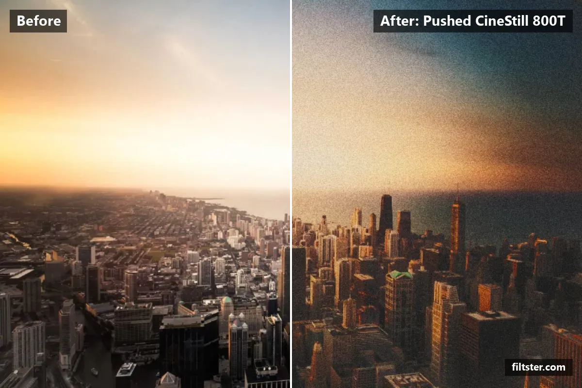 Pushed CineStill 800T filter before and after. Adds strong contrast, opens up the shadows, recovers bright highlights, lifts the blacks for a faded, matte finish, warms up the colours, makes colours more vivid, tints shadows blue and highlights golden and adds film grain.