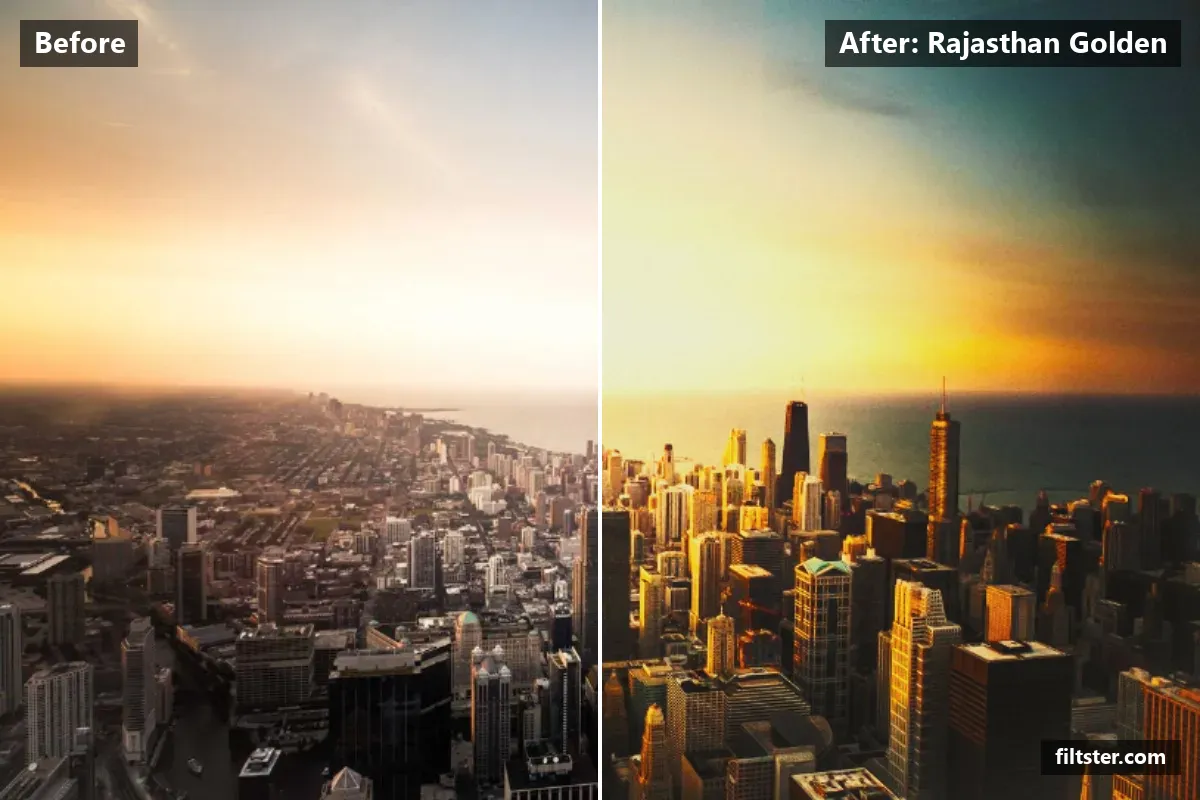 Rajasthan Golden filter before and after. Recovers bright highlights, lifts the blacks for a faded, matte finish, warms up the colours, tints shadows golden and highlights golden and adds film grain.