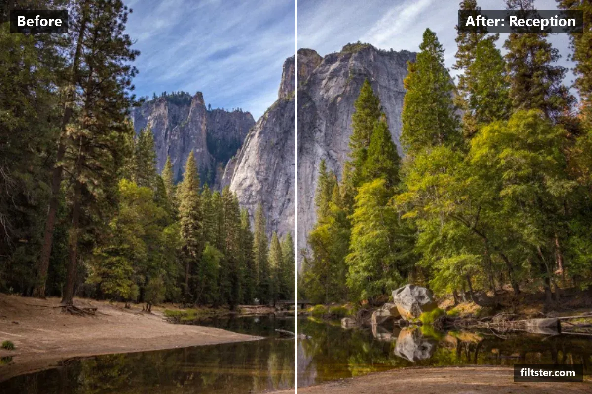 Reception filter before and after. Recovers bright highlights, adds a orange glow to the highlights, adds film grain and darkens the corners with a vignette.