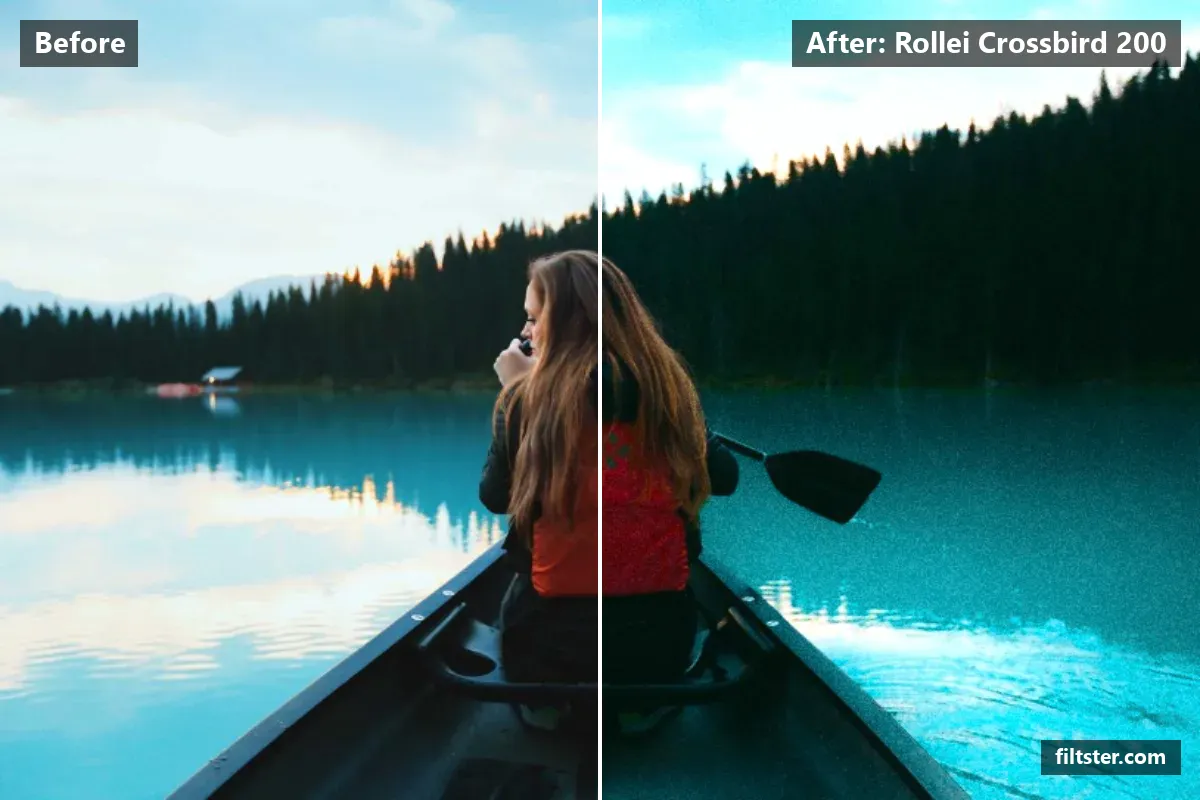Rollei Crossbird 200 filter before and after. Adds strong contrast, recovers bright highlights, tints shadows teal and highlights magenta and adds film grain.