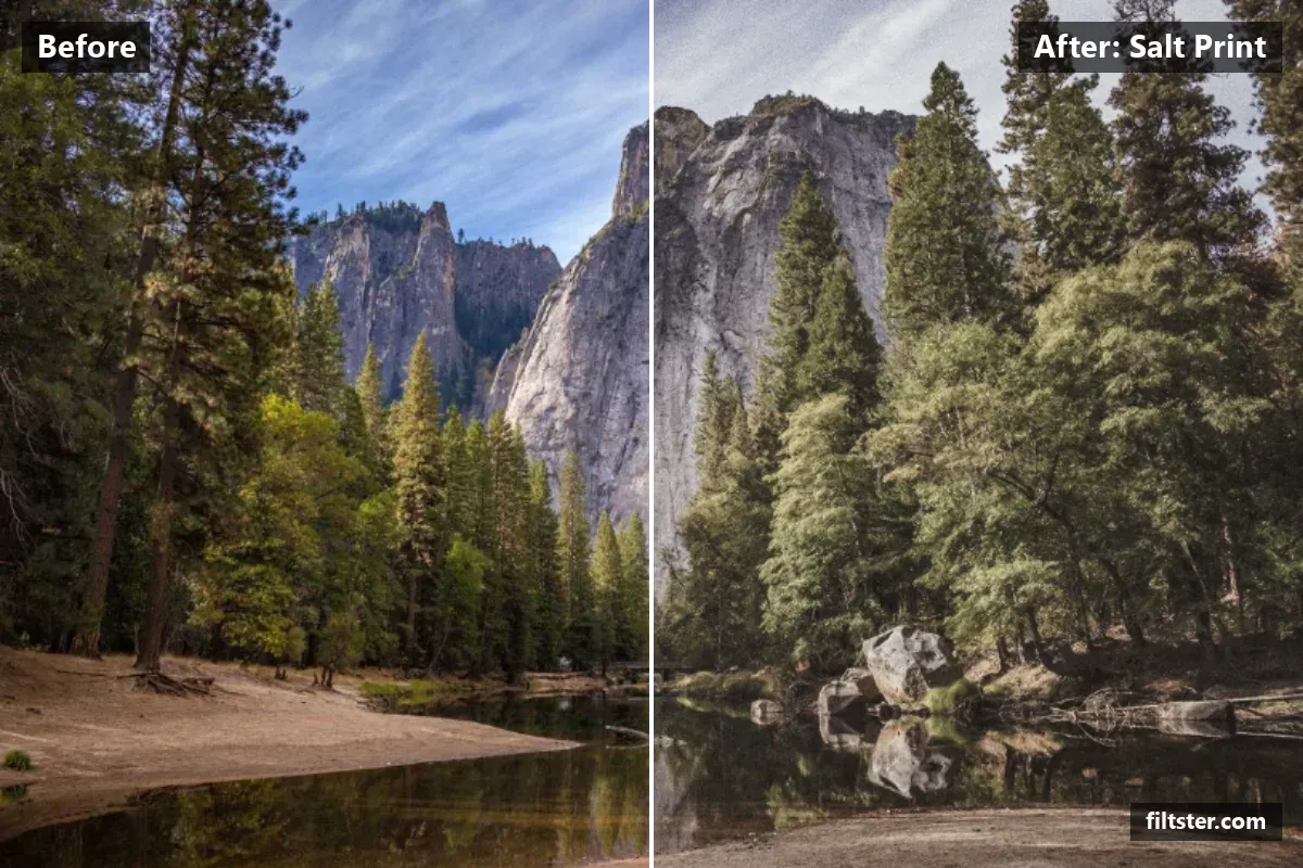 Salt Print filter before and after. Opens up the shadows, lifts the blacks for a faded, matte finish, mutes the colours, tints shadows orange and highlights orange and adds film grain.