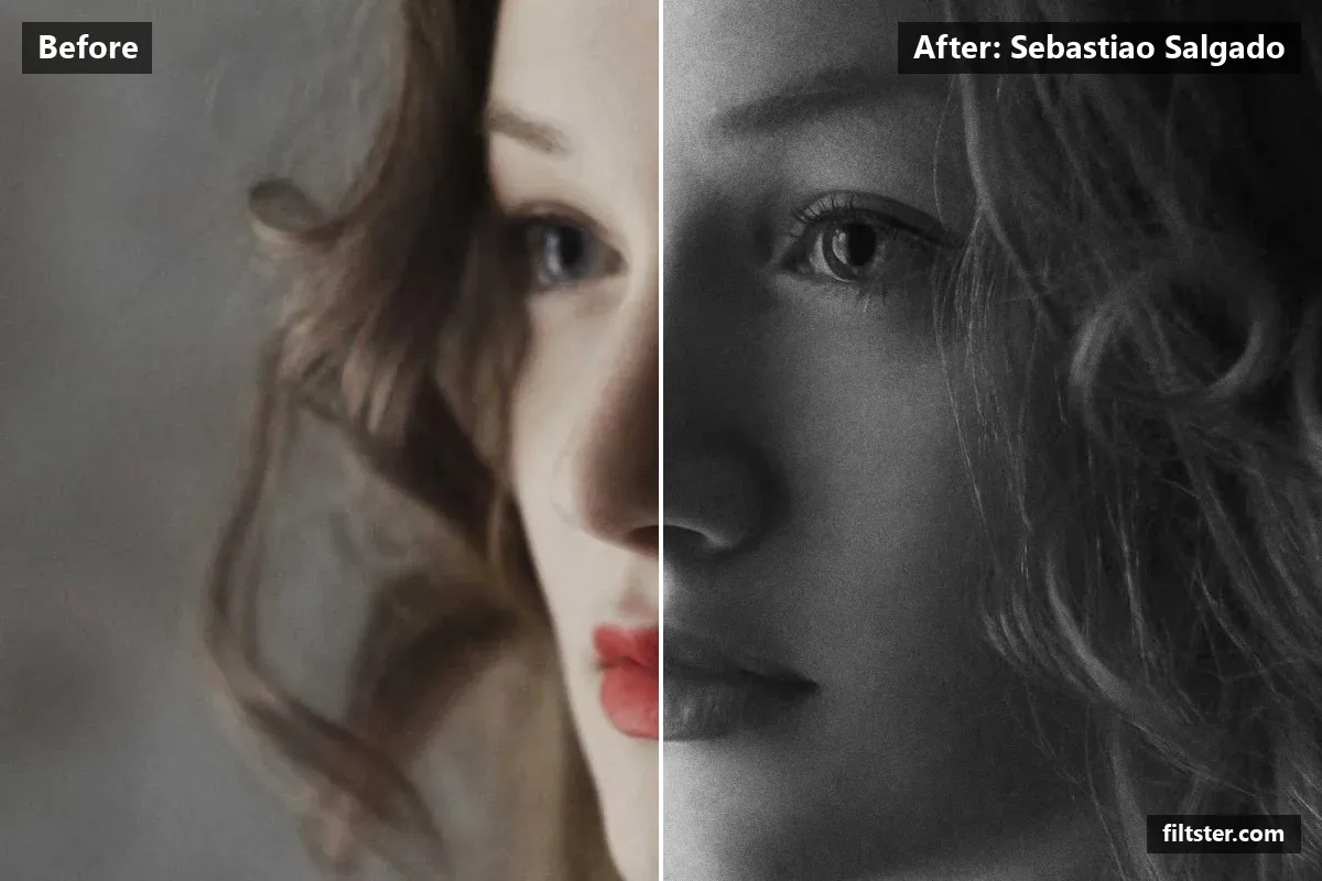 Sebastiao Salgado filter before and after. Turns the picture black and white, adds strong contrast, opens up the shadows, recovers bright highlights and adds film grain.