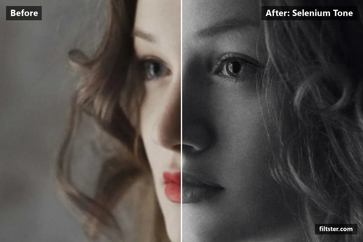 Selenium Tone filter before and after. Turns the picture black and white, tones it with a purple tint and adds film grain.