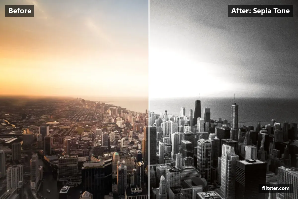 Sepia Tone filter before and after. Turns the picture black and white, tones it with a orange tint and adds film grain.