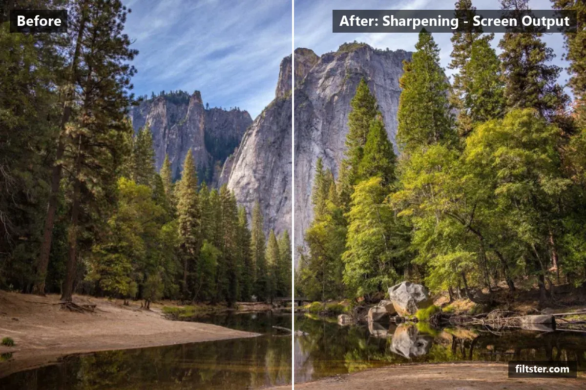Sharpening - Screen Output filter before and after. A subtle, balanced colour treatment that keeps the photo natural.