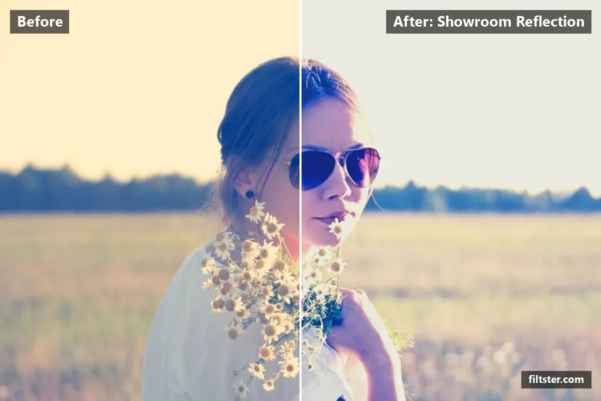 Showroom Reflection filter before and after. Lifts the blacks for a faded, matte finish and sharpens mid-tone detail.