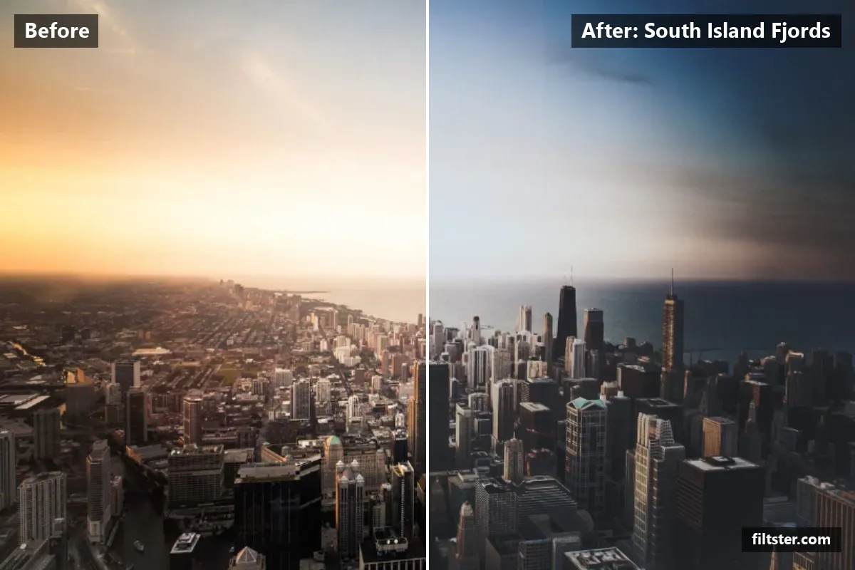 South Island Fjords filter before and after. Darkens the exposure for a moodier feel, adds strong contrast, opens up the shadows, recovers bright highlights, lifts the blacks for a faded, matte finish, cools the colours down and adds a blue cast to the shadows.