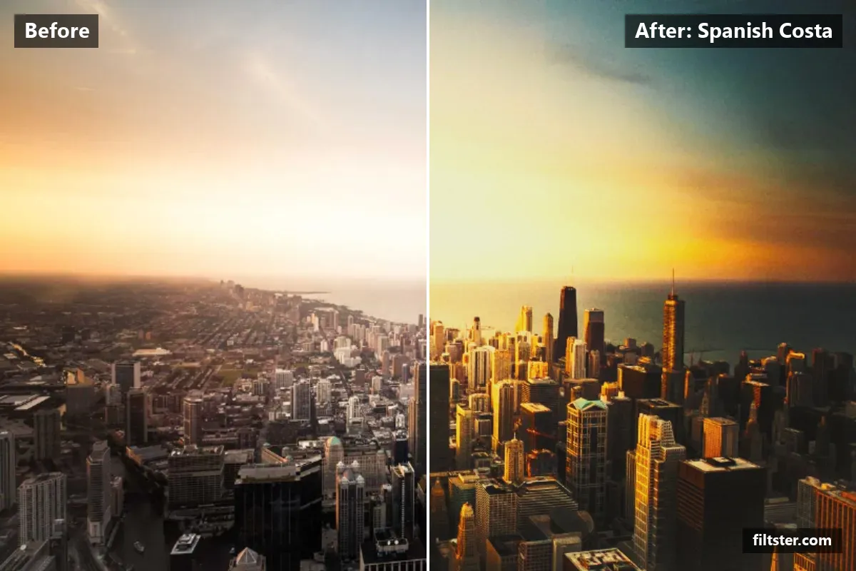 Spanish Costa filter before and after. Recovers bright highlights, lifts the blacks for a faded, matte finish, warms up the colours, adds a golden glow to the highlights and adds film grain.