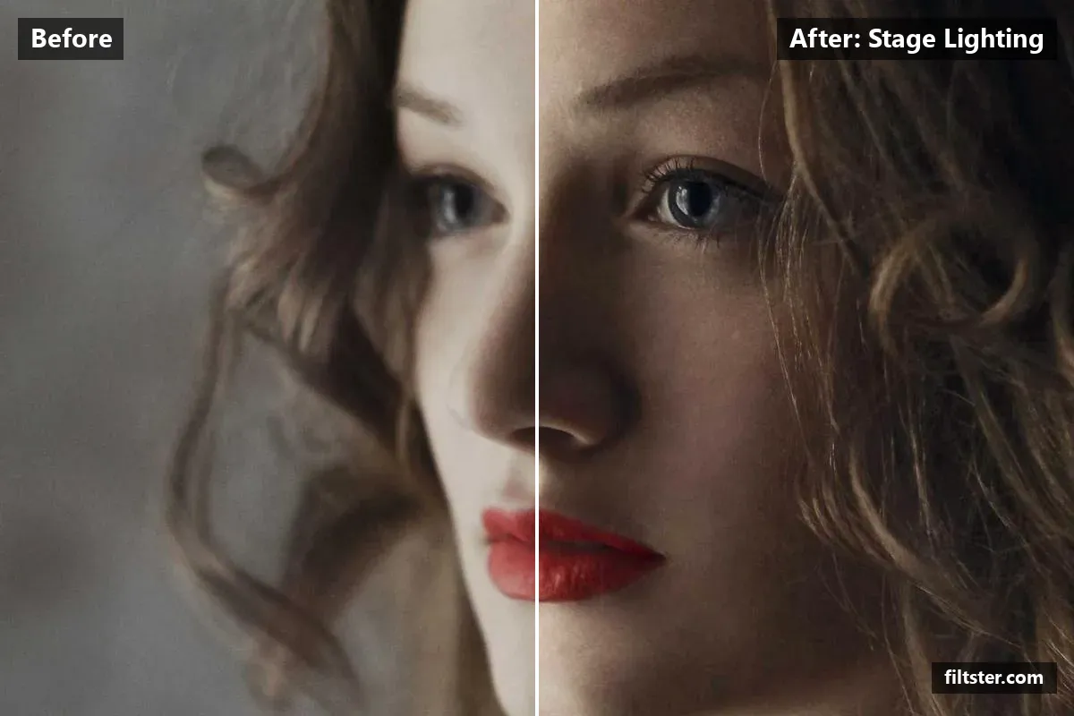 Stage Lighting filter before and after. Adds strong contrast, recovers bright highlights, tints shadows blue and highlights golden, sharpens mid-tone detail and cuts through haze.