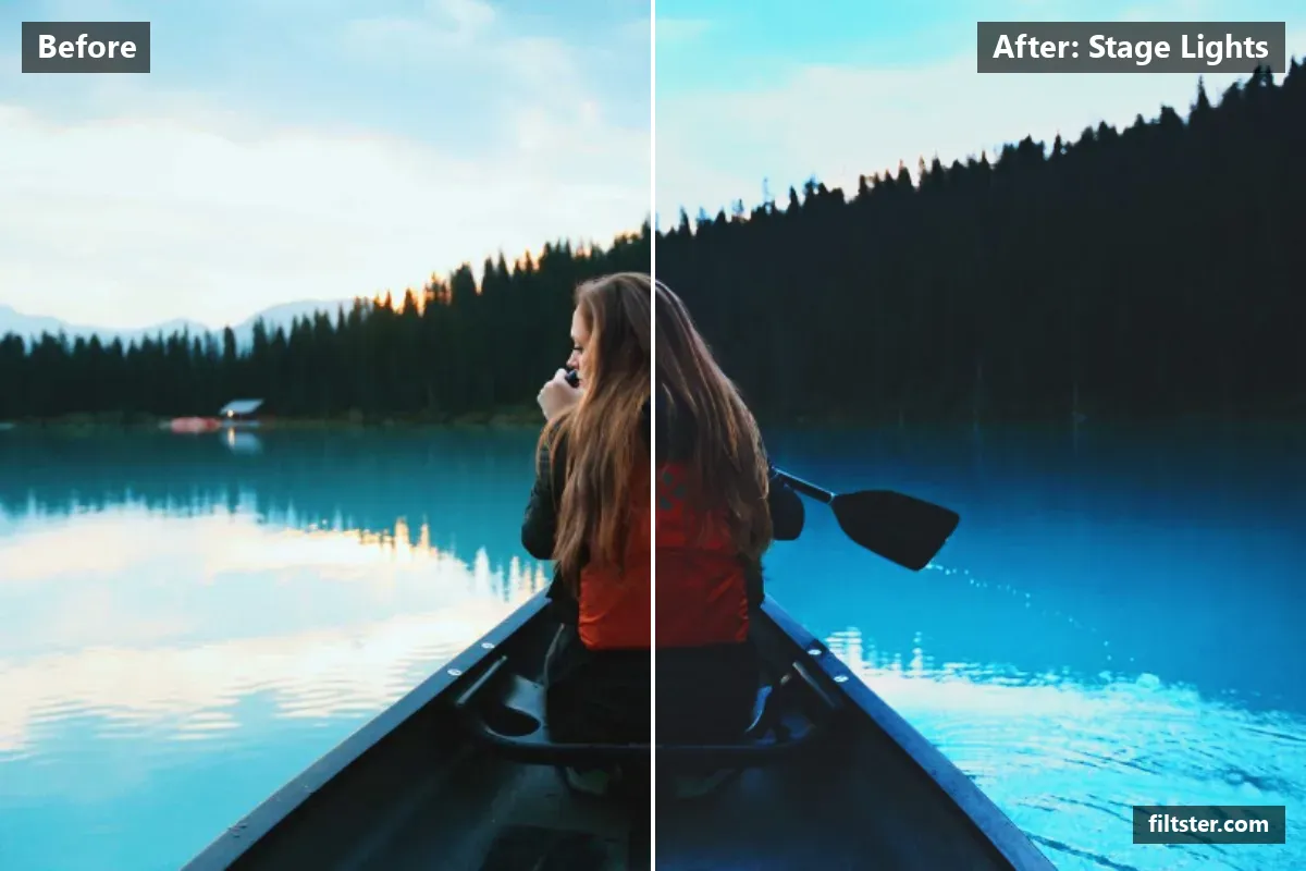 Stage Lights filter before and after. Brightens the whole frame, adds strong contrast, recovers bright highlights, lifts the blacks for a faded, matte finish, cools the colours down, tints shadows blue and highlights golden, sharpens mid-tone detail, cuts through haze and darkens the corners with a vignette.
