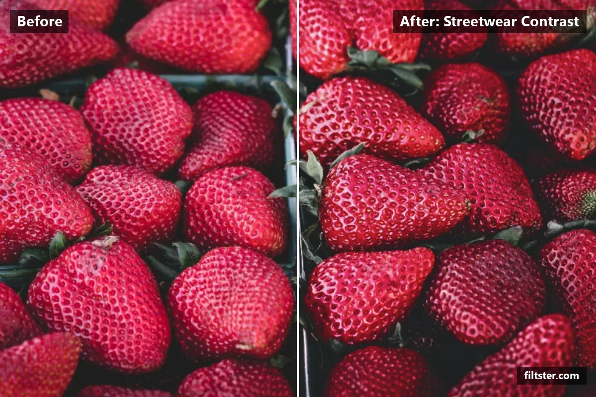 Streetwear Contrast filter before and after. Adds strong contrast, recovers bright highlights, lifts the blacks for a faded, matte finish, adds a blue cast to the shadows, sharpens mid-tone detail and darkens the corners with a vignette.