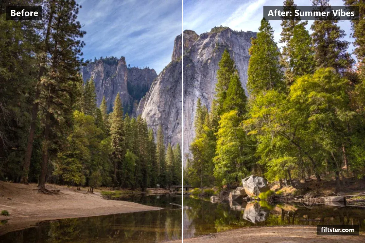 Summer Vibes filter before and after. Brightens the whole frame, opens up the shadows, recovers bright highlights, adds a golden glow to the highlights and adds film grain.