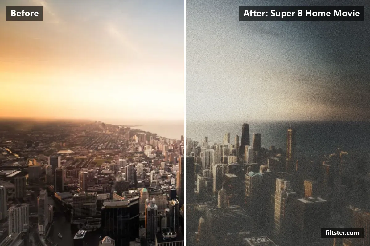Super 8 Home Movie filter before and after. Softens contrast, opens up the shadows, recovers bright highlights, lifts the blacks for a faded, matte finish, adds a golden glow to the highlights, gives a soft, dreamy glow, adds film grain and darkens the corners with a vignette.