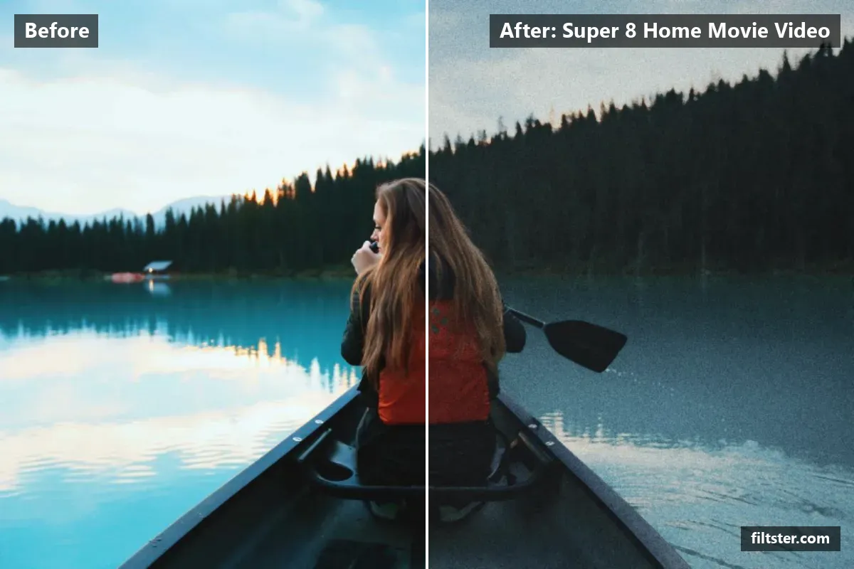 Super 8 Home Movie Video filter before and after. Softens contrast, opens up the shadows, recovers bright highlights, adds a golden glow to the highlights, adds film grain and darkens the corners with a vignette.