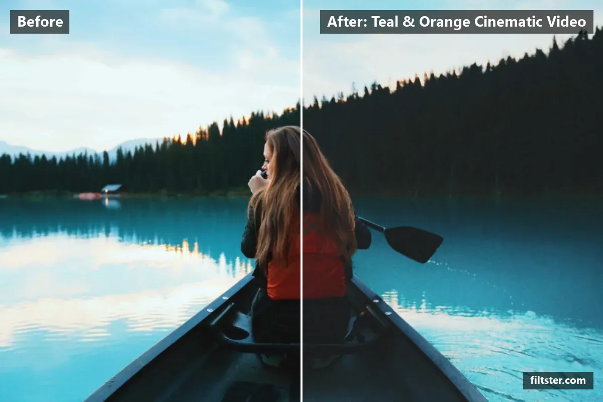 Teal & Orange Cinematic Video filter before and after. Opens up the shadows, recovers bright highlights, lifts the blacks for a faded, matte finish and tints shadows blue and highlights orange.