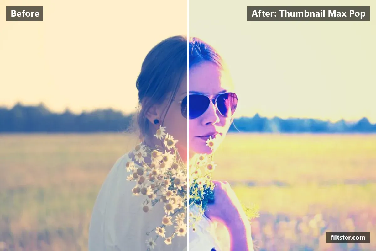 Thumbnail Max Pop filter before and after. Adds strong contrast, lifts the blacks for a faded, matte finish, makes colours more vivid, sharpens mid-tone detail, cuts through haze and darkens the corners with a vignette.