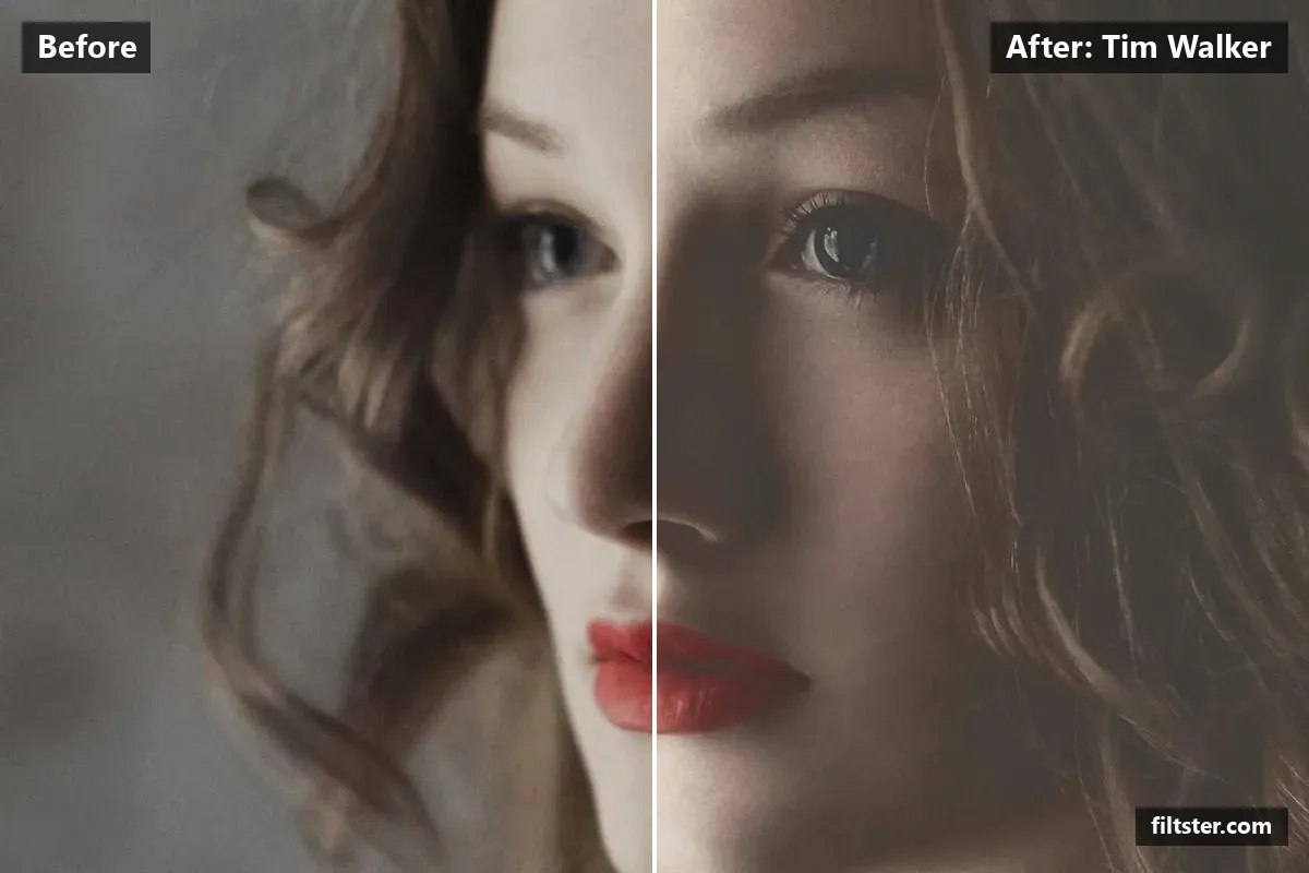 Tim Walker filter before and after. Brightens the whole frame, softens contrast, opens up the shadows, recovers bright highlights and gives a soft, dreamy glow.