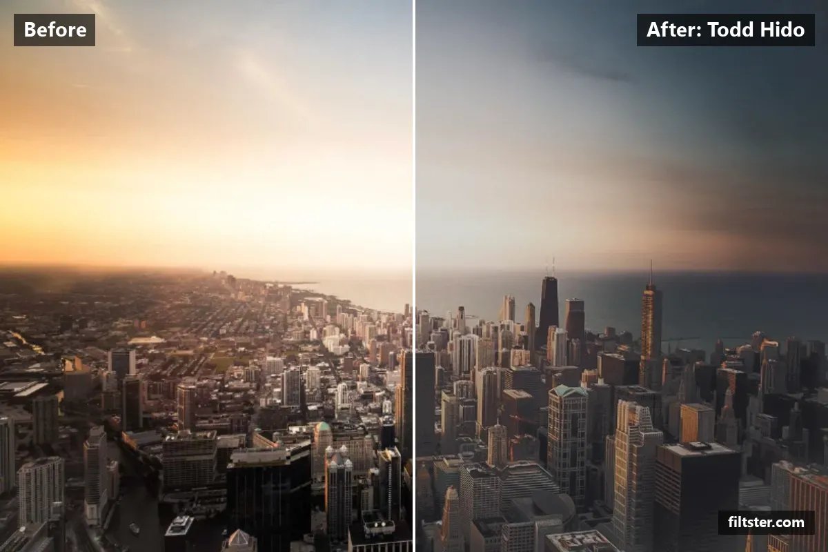Todd Hido filter before and after. Darkens the exposure for a moodier feel, opens up the shadows, recovers bright highlights and adds a indigo cast to the shadows.