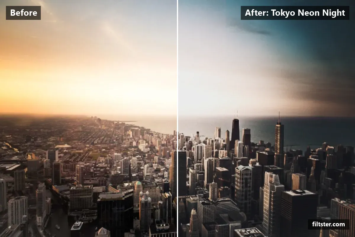 Tokyo Neon Night filter before and after. Darkens the exposure for a moodier feel, adds strong contrast, opens up the shadows, recovers bright highlights, lifts the blacks for a faded, matte finish, tints shadows indigo and highlights magenta, sharpens mid-tone detail, cuts through haze and darkens the corners with a vignette.