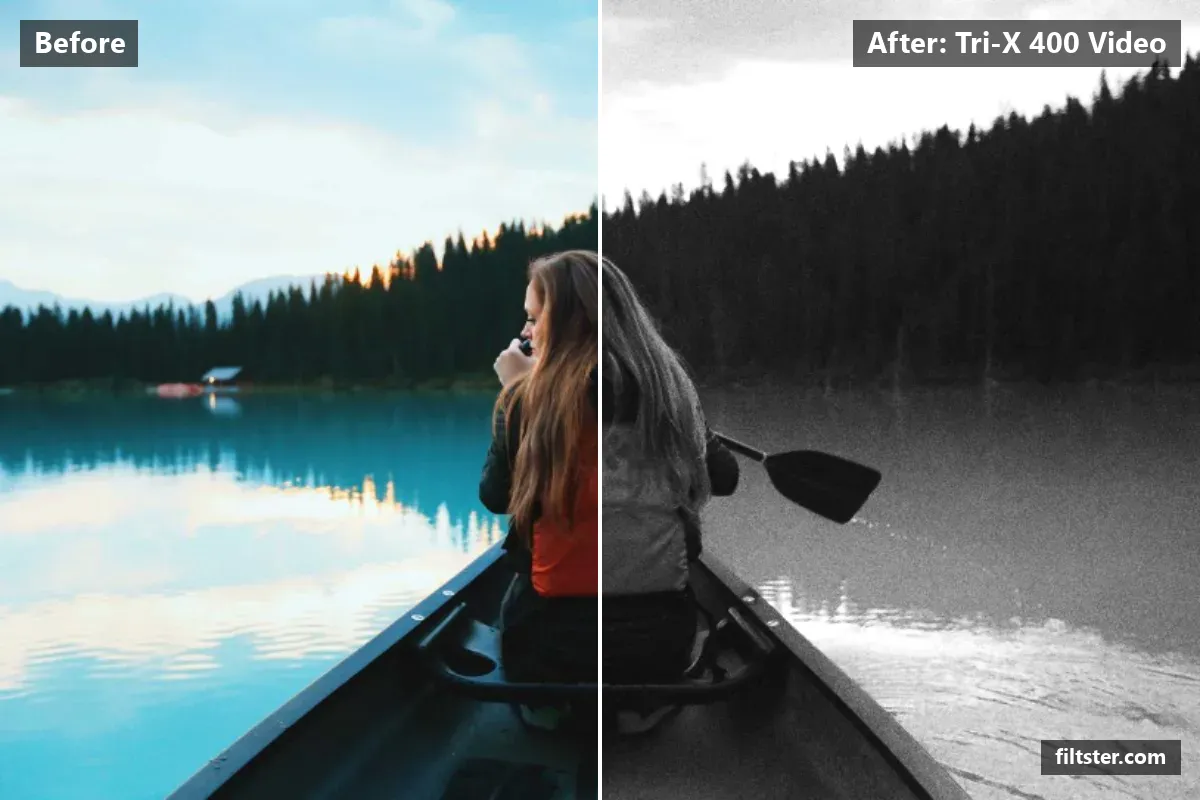 Tri-X 400 Video filter before and after. Turns the picture black and white, adds strong contrast and adds film grain.