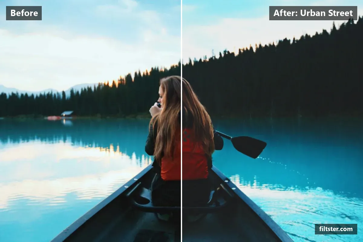 Urban Street filter before and after. Adds strong contrast, recovers bright highlights, lifts the blacks for a faded, matte finish, adds a blue cast to the shadows and sharpens mid-tone detail.